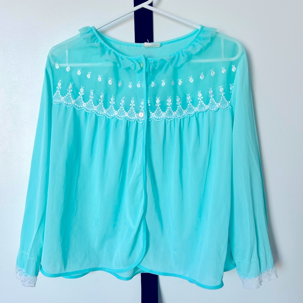 Vintage Turquoise Lace-collared Bed Jacket